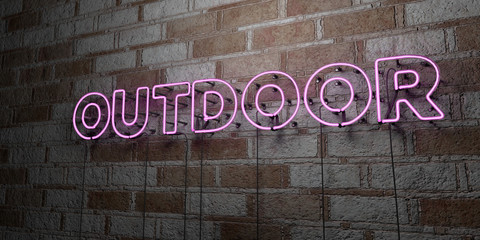 OUTDOOR - Glowing Neon Sign on stonework wall - 3D rendered royalty free stock illustration.  Can be used for online banner ads and direct mailers..