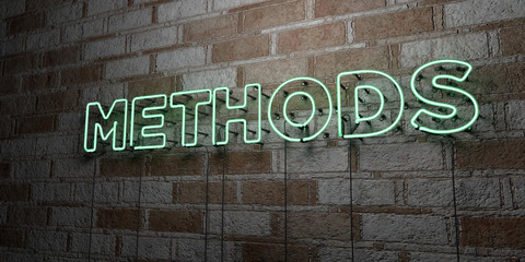 METHODS - Glowing Neon Sign on stonework wall - 3D rendered royalty free stock illustration.  Can be used for online banner ads and direct mailers..