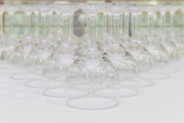 rows of Empty wine glass bottoms on white table