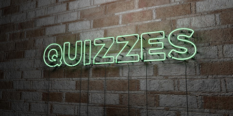 QUIZZES - Glowing Neon Sign on stonework wall - 3D rendered royalty free stock illustration.  Can be used for online banner ads and direct mailers..