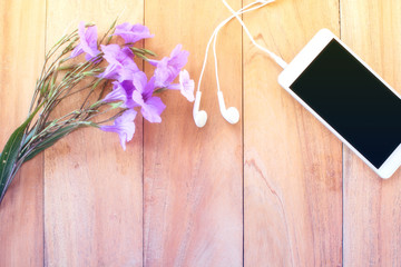 flower and smart phone on wooden table. top view.