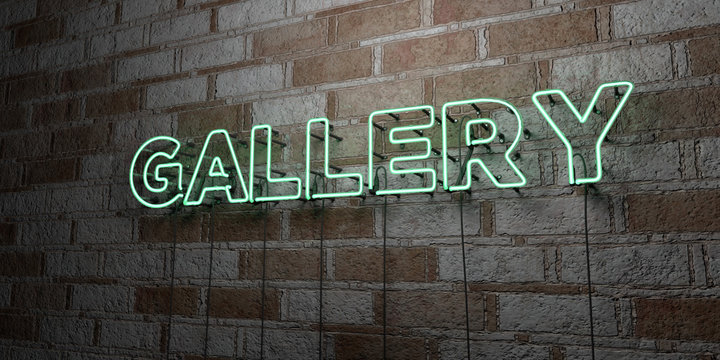 GALLERY - Glowing Neon Sign on stonework wall - 3D rendered royalty free stock illustration.  Can be used for online banner ads and direct mailers..