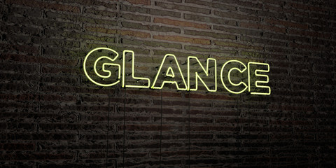 GLANCE -Realistic Neon Sign on Brick Wall background - 3D rendered royalty free stock image. Can be used for online banner ads and direct mailers..