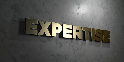 Expertise - Gold sign mounted on glossy marble wall  - 3D rendered royalty free stock illustration. This image can be used for an online website banner ad or a print postcard.