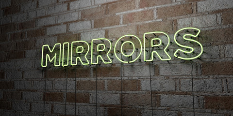 MIRRORS - Glowing Neon Sign on stonework wall - 3D rendered royalty free stock illustration.  Can be used for online banner ads and direct mailers..