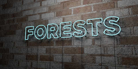 Fototapeta premium FORESTS - Glowing Neon Sign on stonework wall - 3D rendered royalty free stock illustration. Can be used for online banner ads and direct mailers..