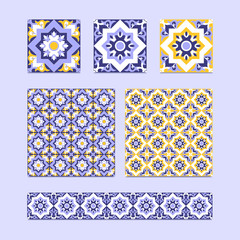 Vector set of 3 ceramic tiles, 2 tiled patterns and border design in blue, white and yellow colors. Spanish, azulejo or moroccan mosaic ornament. Elements for background, floor, fabric and wallpaper.