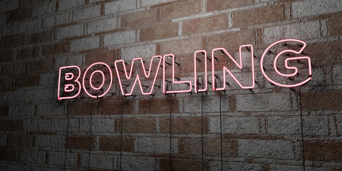 BOWLING - Glowing Neon Sign on stonework wall - 3D rendered royalty free stock illustration.  Can be used for online banner ads and direct mailers..