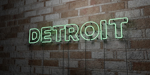 DETROIT - Glowing Neon Sign on stonework wall - 3D rendered royalty free stock illustration.  Can be used for online banner ads and direct mailers..