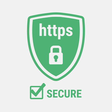 HTTPS Protocol. Safe and Secure Web sites on the Internet. SSL certificate for the site. Advantage TLS. Closed padlock on a green shield. Material Design icon. Vector illustration.