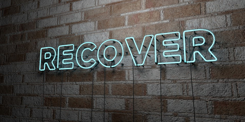 RECOVER - Glowing Neon Sign on stonework wall - 3D rendered royalty free stock illustration.  Can be used for online banner ads and direct mailers..