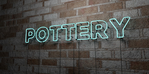 POTTERY - Glowing Neon Sign on stonework wall - 3D rendered royalty free stock illustration.  Can be used for online banner ads and direct mailers..