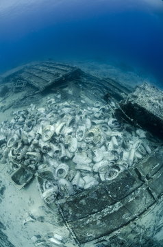 Collection of toilet bowls from shipwreck scattered on seabed, Ras Mohammed National Park, Red Sea, Egypt 