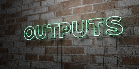 OUTPUTS - Glowing Neon Sign on stonework wall - 3D rendered royalty free stock illustration.  Can be used for online banner ads and direct mailers..