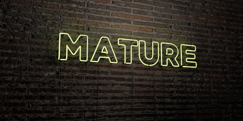 MATURE -Realistic Neon Sign on Brick Wall background - 3D rendered royalty free stock image. Can be used for online banner ads and direct mailers..