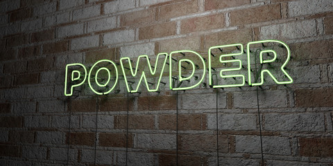 POWDER - Glowing Neon Sign on stonework wall - 3D rendered royalty free stock illustration.  Can be used for online banner ads and direct mailers..