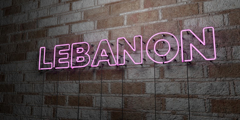 LEBANON - Glowing Neon Sign on stonework wall - 3D rendered royalty free stock illustration.  Can be used for online banner ads and direct mailers..