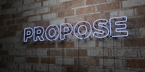 PROPOSE - Glowing Neon Sign on stonework wall - 3D rendered royalty free stock illustration.  Can be used for online banner ads and direct mailers..