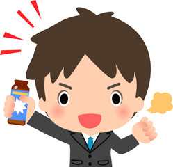 栄養ドリンクのボトルを持ったスーツの男性