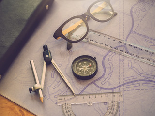 Architect concept, Architects working with blueprints in the office, Vintage Effect