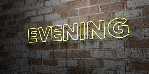 EVENING - Glowing Neon Sign on stonework wall - 3D rendered royalty free stock illustration.  Can be used for online banner ads and direct mailers..