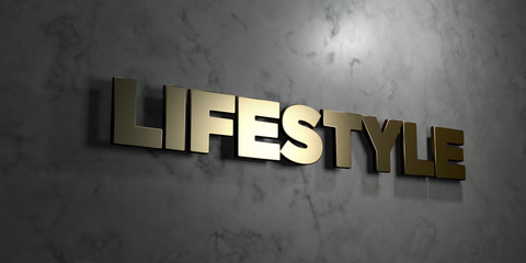 Lifestyle - Gold sign mounted on glossy marble wall  - 3D rendered royalty free stock illustration. This image can be used for an online website banner ad or a print postcard.