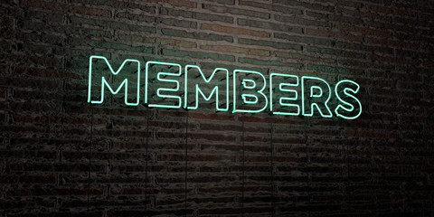MEMBERS -Realistic Neon Sign on Brick Wall background - 3D rendered royalty free stock image. Can be used for online banner ads and direct mailers..