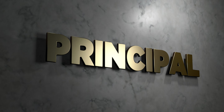 Principal - Gold sign mounted on glossy marble wall  - 3D rendered royalty free stock illustration. This image can be used for an online website banner ad or a print postcard.