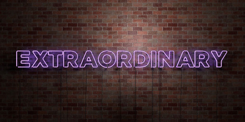 EXTRAORDINARY - fluorescent Neon tube Sign on brickwork - Front view - 3D rendered royalty free stock picture. Can be used for online banner ads and direct mailers..
