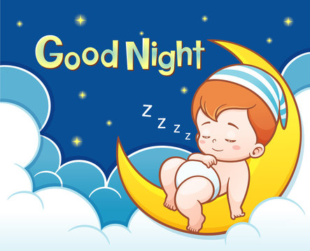 Vector Illustration of Cartoon Cute Baby Sleeping on the moon with Good night text