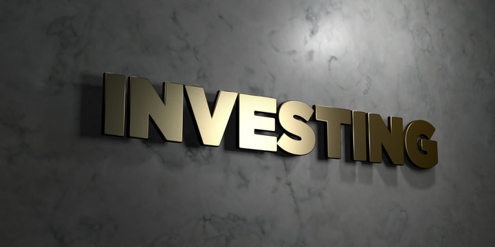 Investing - Gold sign mounted on glossy marble wall  - 3D rendered royalty free stock illustration. This image can be used for an online website banner ad or a print postcard.