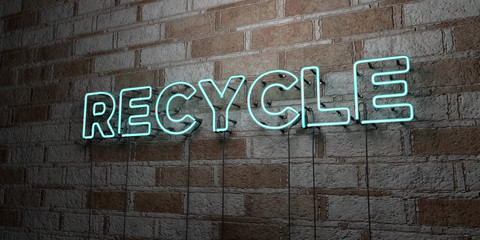 RECYCLE - Glowing Neon Sign on stonework wall - 3D rendered royalty free stock illustration.  Can be used for online banner ads and direct mailers..