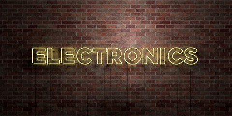 ELECTRONICS - fluorescent Neon tube Sign on brickwork - Front view - 3D rendered royalty free stock picture. Can be used for online banner ads and direct mailers..