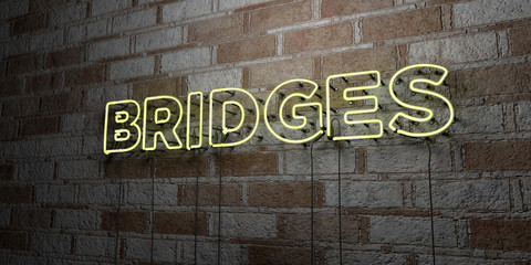 BRIDGES - Glowing Neon Sign on stonework wall - 3D rendered royalty free stock illustration.  Can be used for online banner ads and direct mailers..