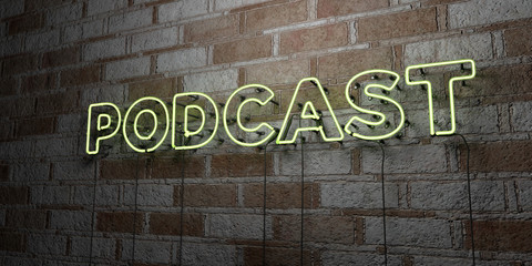 PODCAST - Glowing Neon Sign on stonework wall - 3D rendered royalty free stock illustration.  Can be used for online banner ads and direct mailers..
