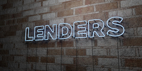 LENDERS - Glowing Neon Sign on stonework wall - 3D rendered royalty free stock illustration.  Can be used for online banner ads and direct mailers..