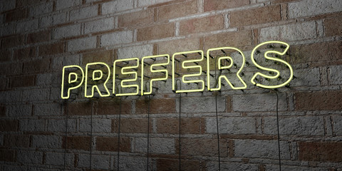 PREFERS - Glowing Neon Sign on stonework wall - 3D rendered royalty free stock illustration.  Can be used for online banner ads and direct mailers..