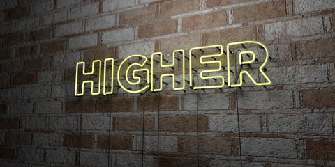 HIGHER - Glowing Neon Sign on stonework wall - 3D rendered royalty free stock illustration.  Can be used for online banner ads and direct mailers..