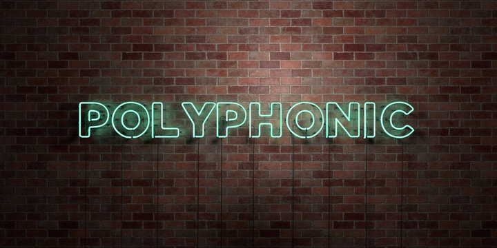 POLYPHONIC - fluorescent Neon tube Sign on brickwork - Front view - 3D rendered royalty free stock picture. Can be used for online banner ads and direct mailers..