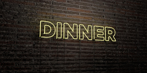 DINNER -Realistic Neon Sign on Brick Wall background - 3D rendered royalty free stock image. Can be used for online banner ads and direct mailers..
