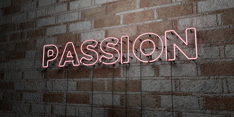 PASSION - Glowing Neon Sign on stonework wall - 3D rendered royalty free stock illustration.  Can be used for online banner ads and direct mailers..
