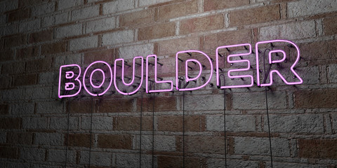 BOULDER - Glowing Neon Sign on stonework wall - 3D rendered royalty free stock illustration.  Can be used for online banner ads and direct mailers..