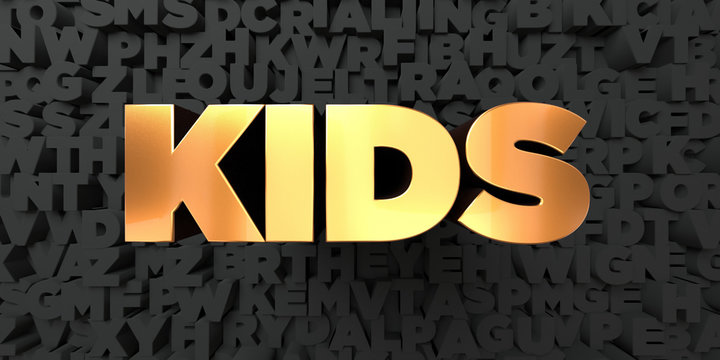 Kids - Gold text on black background - 3D rendered royalty free stock picture. This image can be used for an online website banner ad or a print postcard.
