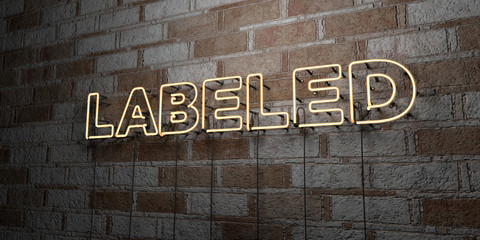 LABELED - Glowing Neon Sign on stonework wall - 3D rendered royalty free stock illustration.  Can be used for online banner ads and direct mailers..