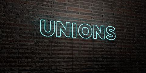 UNIONS -Realistic Neon Sign on Brick Wall background - 3D rendered royalty free stock image. Can be used for online banner ads and direct mailers..