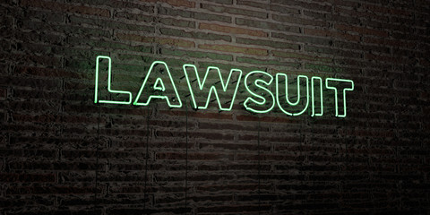 LAWSUIT -Realistic Neon Sign on Brick Wall background - 3D rendered royalty free stock image. Can be used for online banner ads and direct mailers..