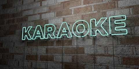 Fototapeta premium KARAOKE - Glowing Neon Sign on stonework wall - 3D rendered royalty free stock illustration. Can be used for online banner ads and direct mailers..
