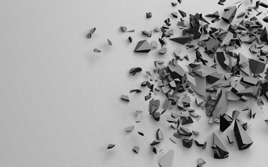 The broken pieces of the object, black white, 3d illustration on a solid sandy background.