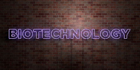 BIOTECHNOLOGY - fluorescent Neon tube Sign on brickwork - Front view - 3D rendered royalty free stock picture. Can be used for online banner ads and direct mailers..