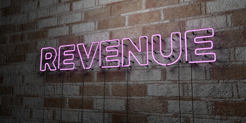 REVENUE - Glowing Neon Sign on stonework wall - 3D rendered royalty free stock illustration.  Can be used for online banner ads and direct mailers..